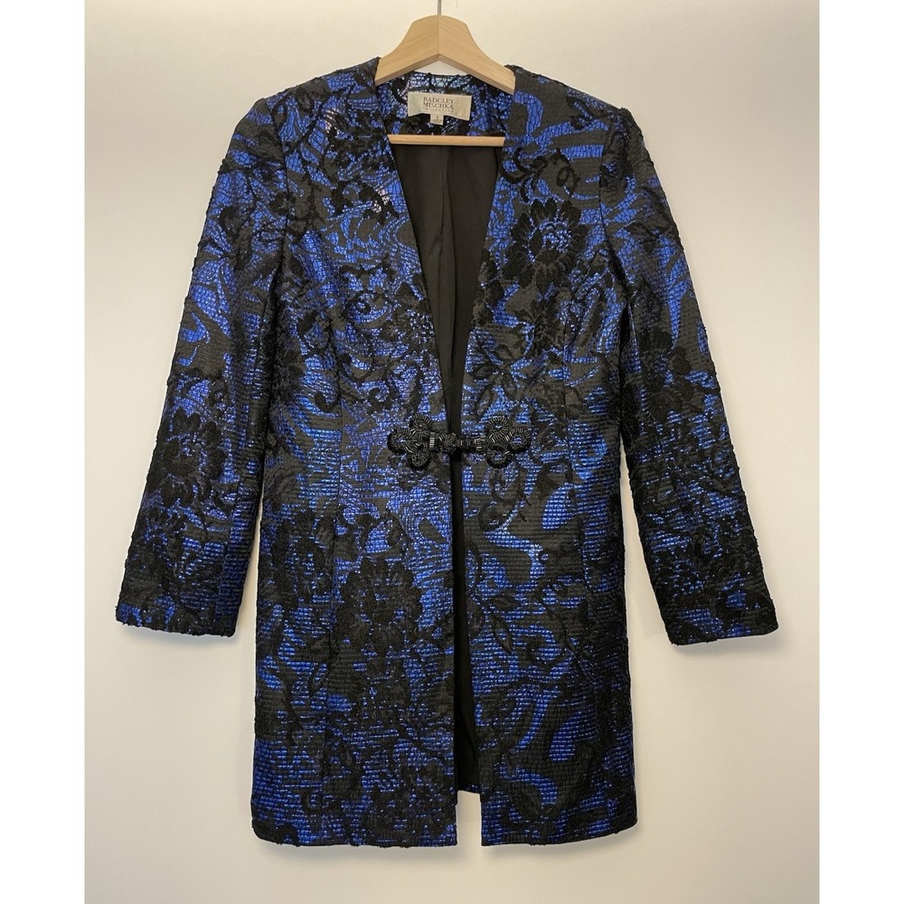 Badgley Mischka Collection Womens Black Blue Brocade Suit Jacket Small Old Money